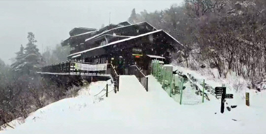 강원 북부지역을 중심으로 대설특보가 내려진  11일 설악산 소청대피소 인근에 많은 눈이 내리고 있다. [설악산국립공원사무소 제공. 속초=연합뉴스]